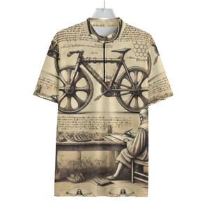 May include: A short-sleeved shirt with a sepia-toned print featuring a vintage bicycle design, sketches, and a figure at a desk. The shirt has a zip-up collar and is hanging on a white hanger.