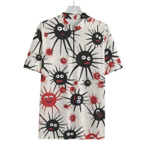 Maglia da ciclismo "Spooky Spider Web" - Stampa di ragni dei cartoni animati rossi e neri sulla ragnatela