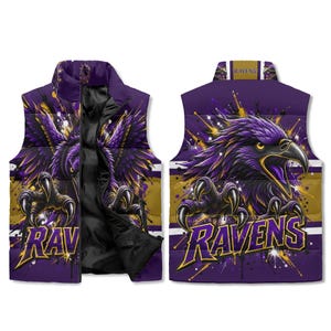Purple & Gold Raven Puffer Vest – Football Fan Winter Vest image 1