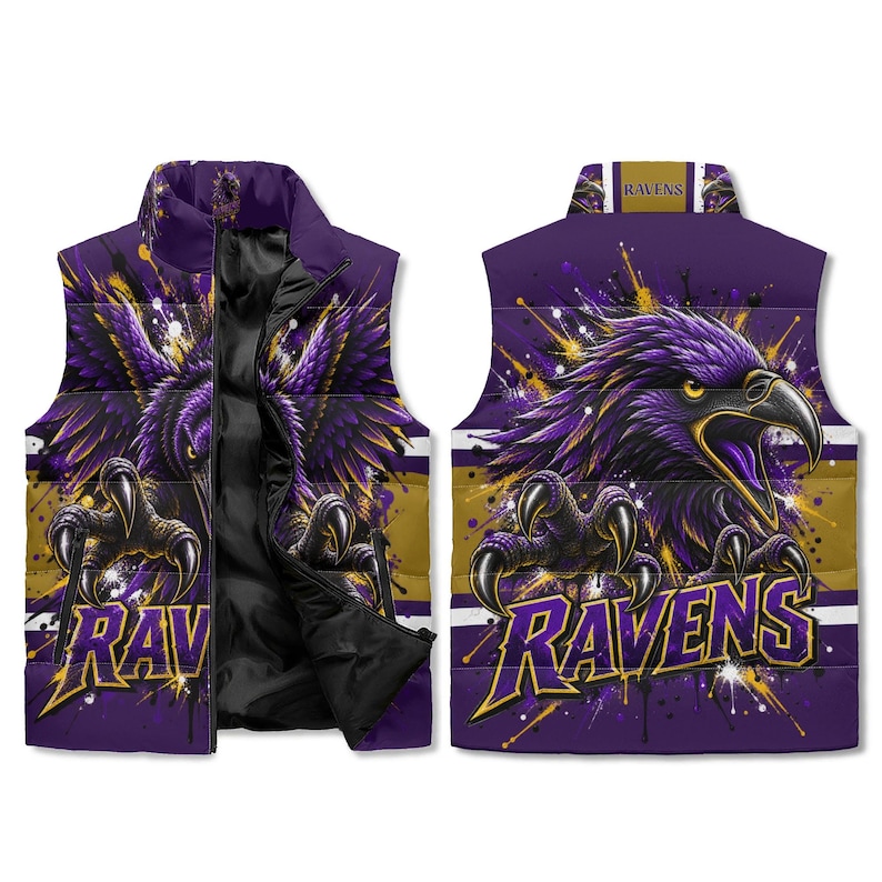 Purple & Gold Raven Puffer Vest – Football Fan Winter Vest image 1
