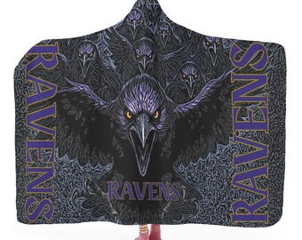 Raven Hooded Blanket: Plush Fleece, Flannel Lining - Adult & Kids