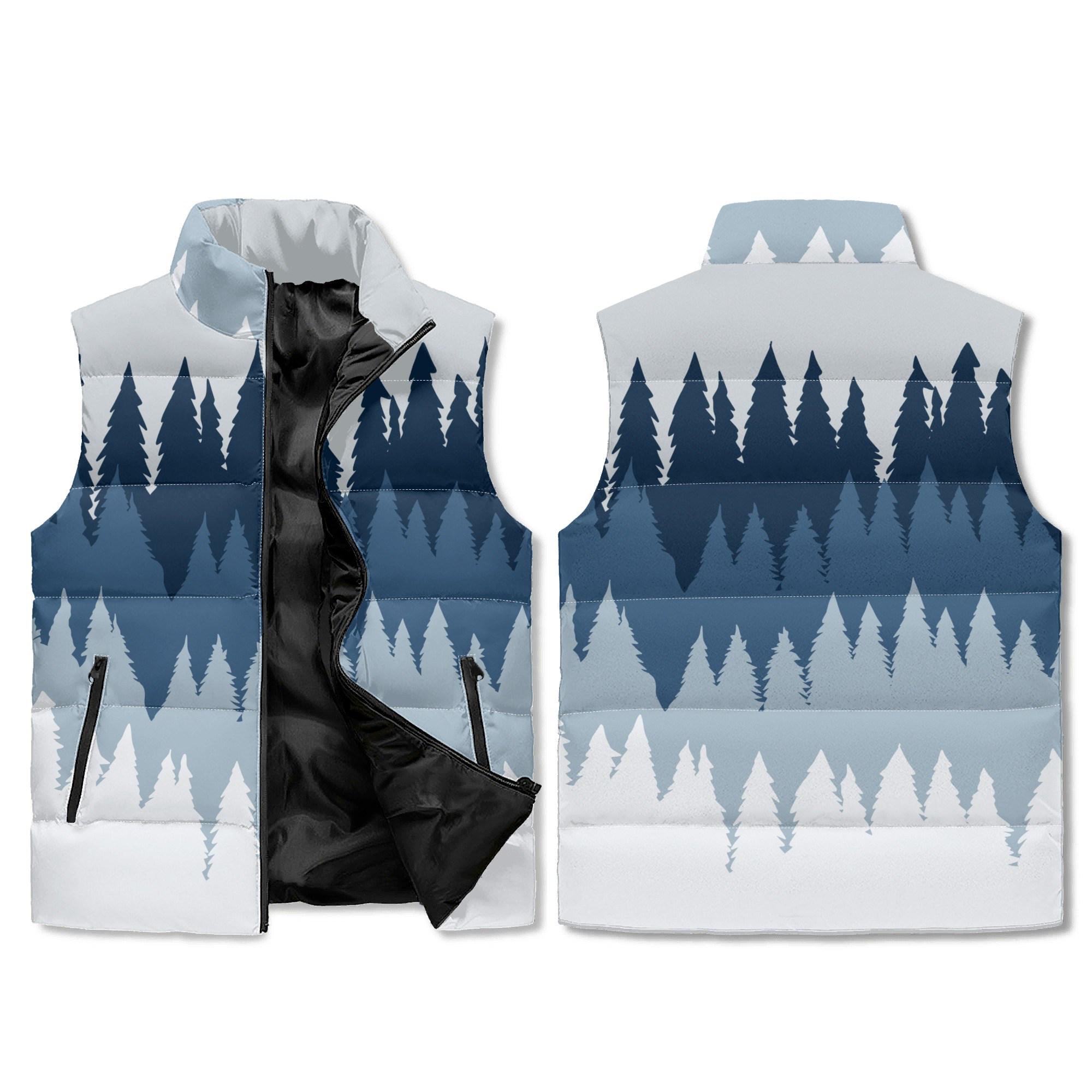 Discover Blue Winter Forest Vest Gradient Pines AOP Zip Puffer Unisex Lightweight Outerwear