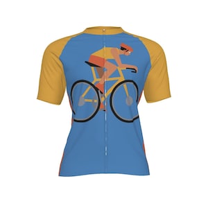 Könnte beinhalten: Kurzärmeliges Radtrikot mit blauem Körper und gelben Ärmeln. Das Trikot hat einen durchgehenden Reißverschluss und eine Grafik eines Radfahrers auf einem gelben Fahrrad. Der Radfahrer trägt einen Helm und fährt Fahrrad.