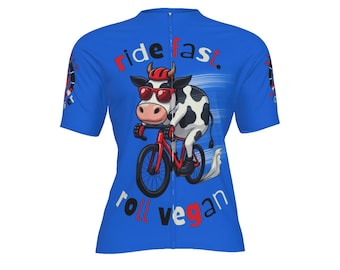 Ride Fast Roll Vegan Cycling Jersey – Funny Cow on Bike, Plant-Based
