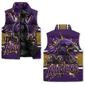 Purple & Gold Raven Puffer Vest – Football Fan Winter Vest image 2