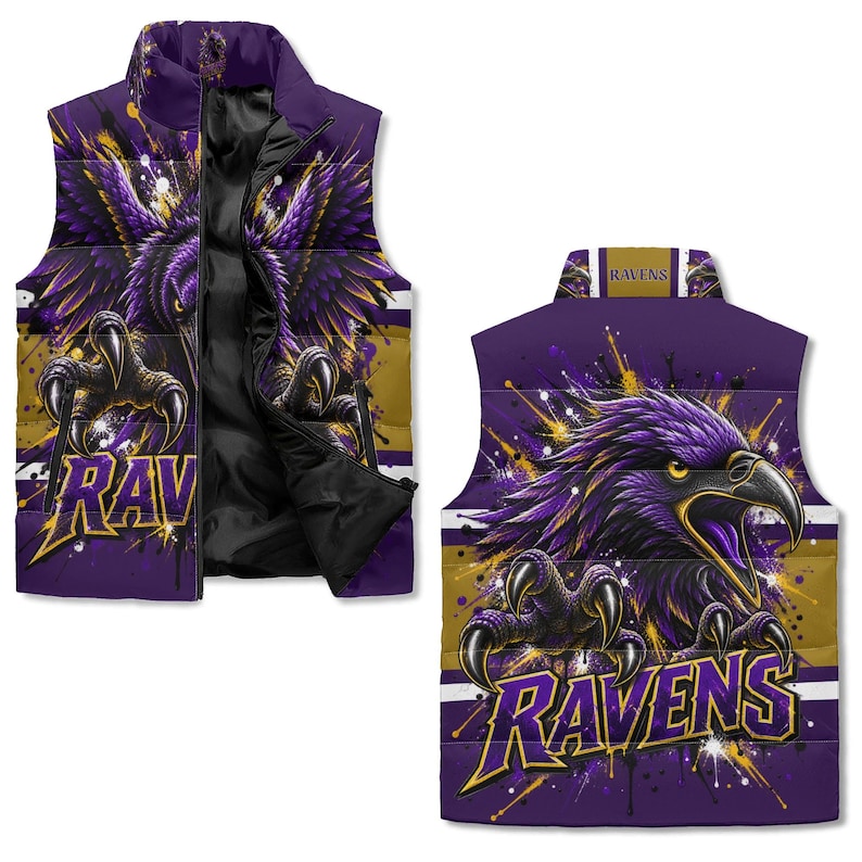 Purple & Gold Raven Puffer Vest – Football Fan Winter Vest image 2