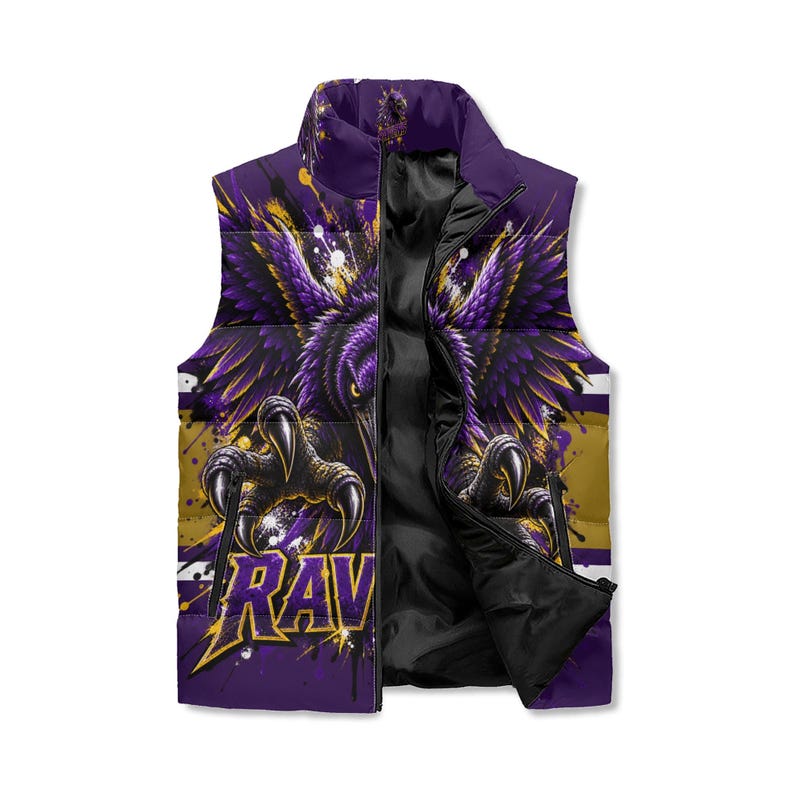 Purple & Gold Raven Puffer Vest – Football Fan Winter Vest image 3