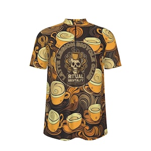 May include: A cycling jersey with a coffee-themed design. The jersey has a repeating pattern of coffee cups and swirls in brown and yellow. The front displays a logo with a skull, coffee cup, and the text "Latte Legion Bicycle Club".
