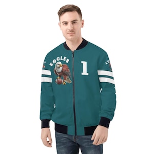 Eagles #1 Bomber Jacket – Retro Football Eagle Design | Eagles Midnight Green | Unisex Zip-Up Varsity Fan Jacket | Bold & Bad Eagle Graphic