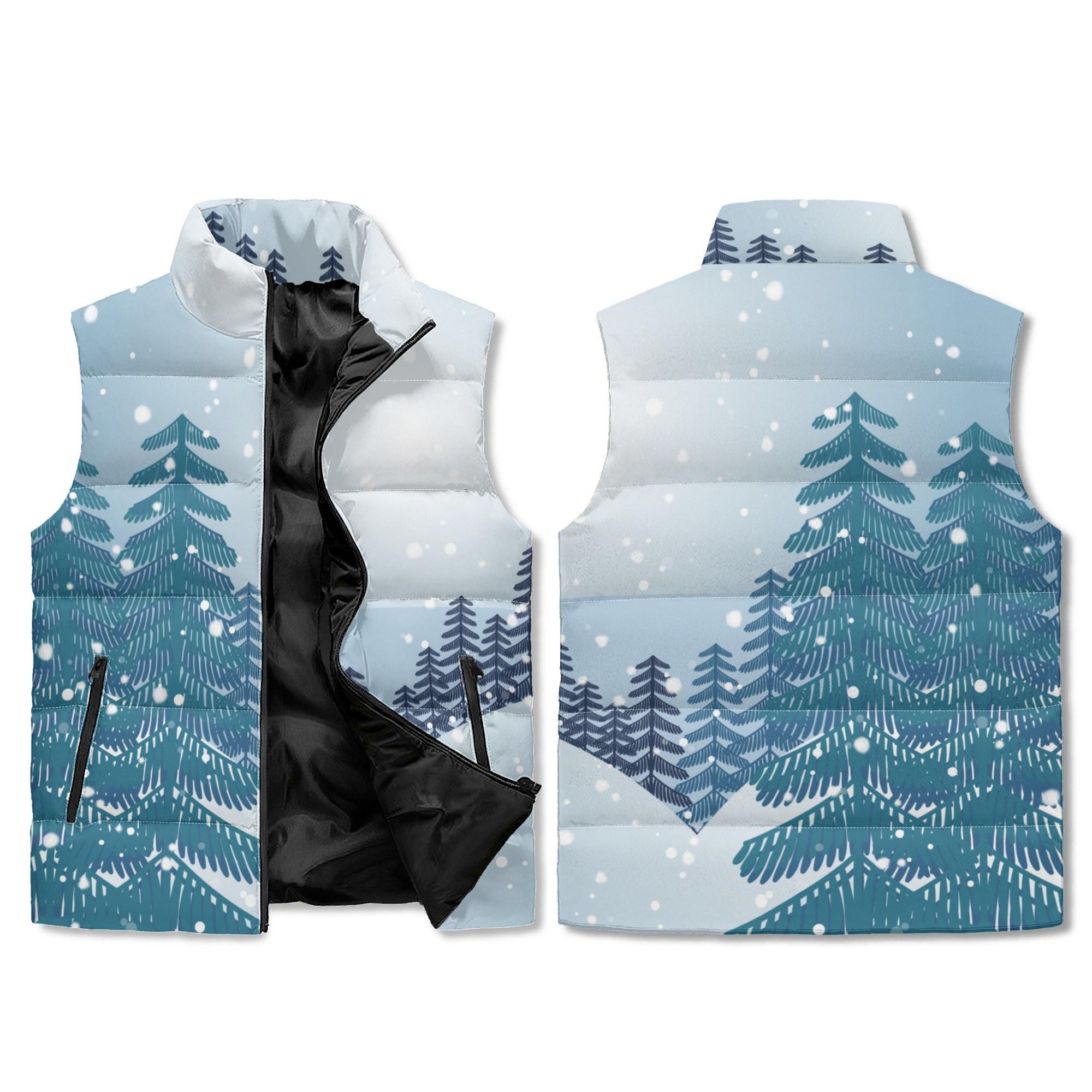 Discover Snowy Pine Tree Puffer Vest Unisex Winter Forest Print Outerwear