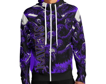 Raven Flock Full-Zip Hoodie: Purple & Black AOP Streetwear Jacket