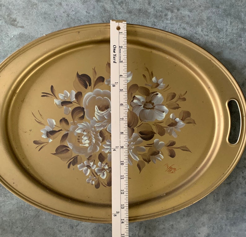 gold toned with brown and white flowers Vintage decorative tray