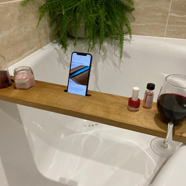 Single Oak Bath Caddy with Wine Glass Holder, Mug Holder and iPhone Prop