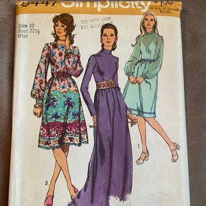 1971 Simplicity Pattern Long Sleeve Gown Dress Size 10 Vintage