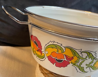Vintage Cera-Met Enamel Saucepan | Retro Floral Enamelware Pot | 8” Mid-Century Cookware