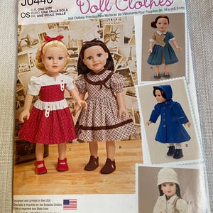 May include: A Simplicity J0440 sewing pattern envelope for 18-inch doll clothes. The front displays four dolls wearing various outfits including a red and white dress, a brown plaid dress, a blue coat with a hood, and a white jacket with a skirt.