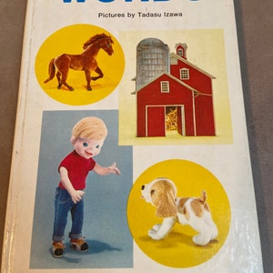 May include: A vintage children's book titled "My First Book of Words" with colorful illustrations of a horse, a red barn, a boy, and a dog. The book is labeled "A Preschool Puppet Book".