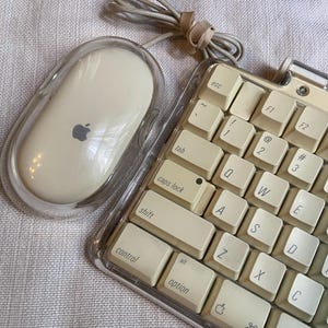 May include: Off-white Apple keyboard and mouse set. The keyboard has a clear plastic frame and off-white keys with black lettering. The mouse is oval-shaped with a clear plastic cover. Both have the Apple logo.