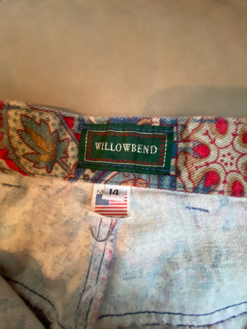 Vintage 90s Patterned Jeans Skirt Paisley Long Size 14 Willowbend Brand Colorful Made in USA