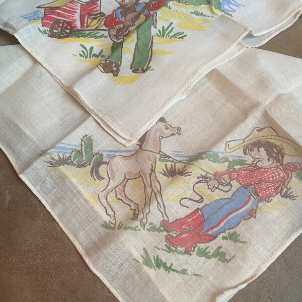 Set of 2 Cowboy Cowgirl Hankerchiefs Hankies 1950s Vintage