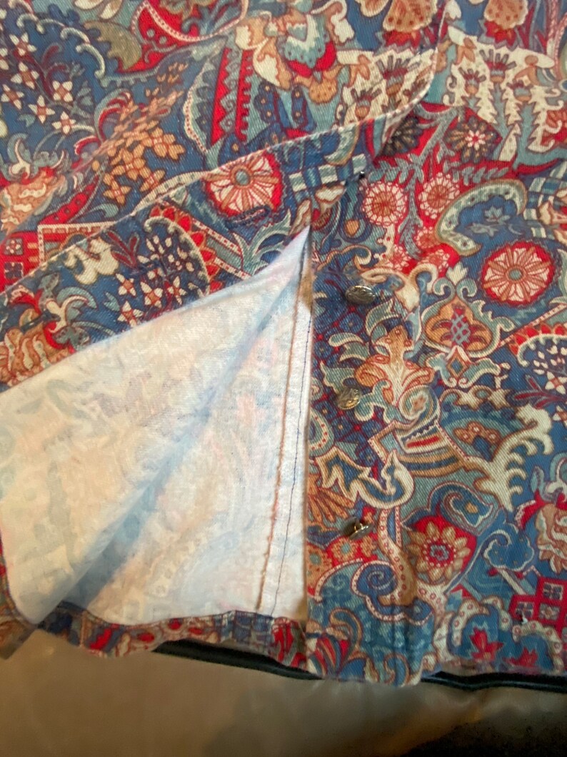 Vintage 90s Patterned Jeans Skirt Paisley Long Size 14 Willowbend Brand Colorful Made in USA