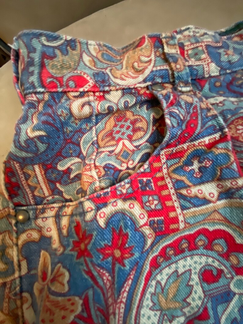 Vintage 90s Patterned Jeans Skirt Paisley Long Size 14 Willowbend Brand Colorful Made in USA