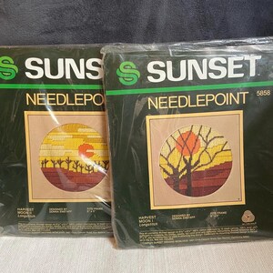 Vintage Sunset Needlepoint Kit Lot of 2 Harvest Moon I & II Donna Enstaff Sealed Longstitch Craft Kits 1982
