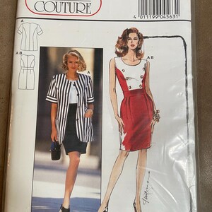 May include: Burda Couture sewing pattern number 4563 for a dress and jacket. The pattern includes sizes 34 to 44 and 8 to 18. The dress is red and white with a button detail. The jacket is black and white striped.