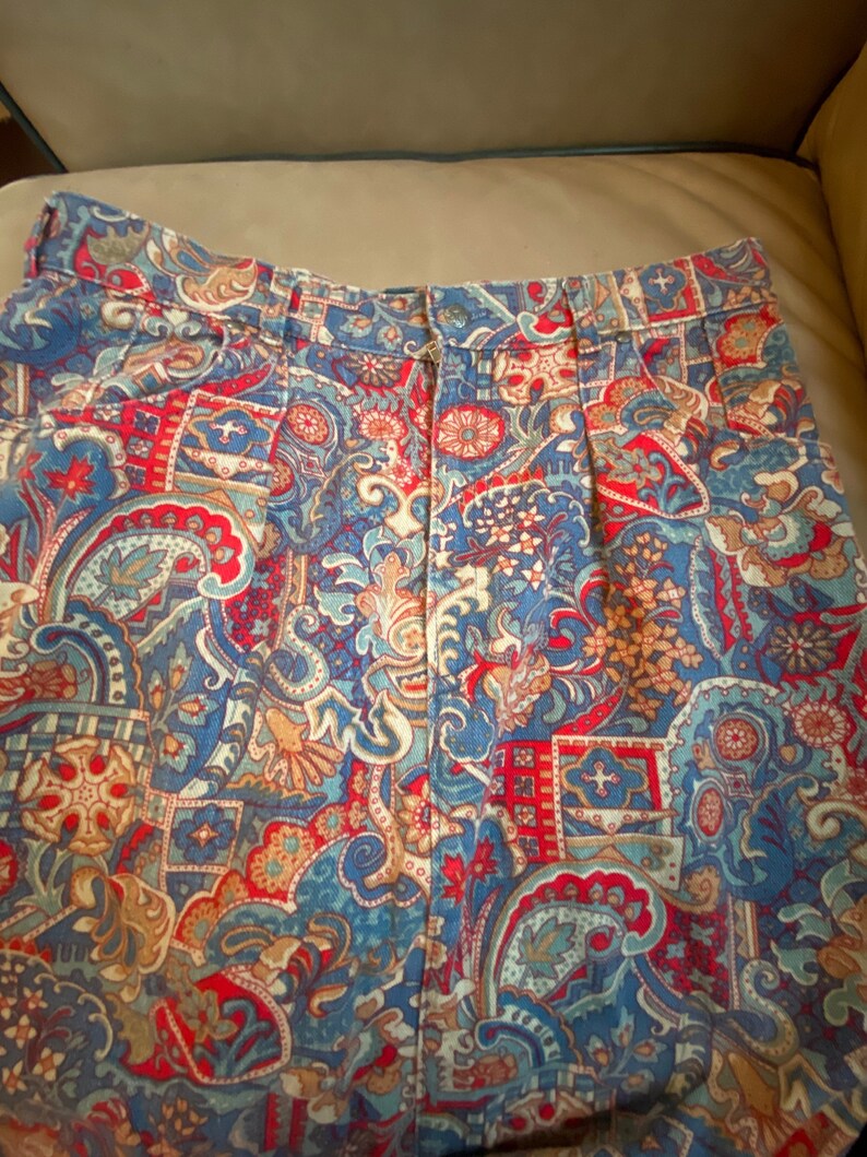 Vintage 90s Patterned Jeans Skirt Paisley Long Size 14 Willowbend Brand Colorful Made in USA