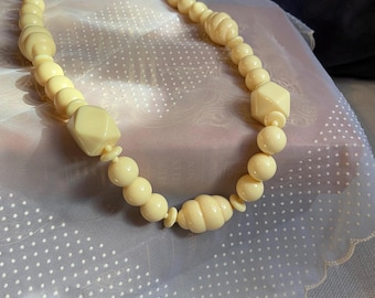 Vintage Cream Lucite Bead Necklace – 24” Graduated Beads with Gold-Tone Clasp, Mid-Century Chunky Style