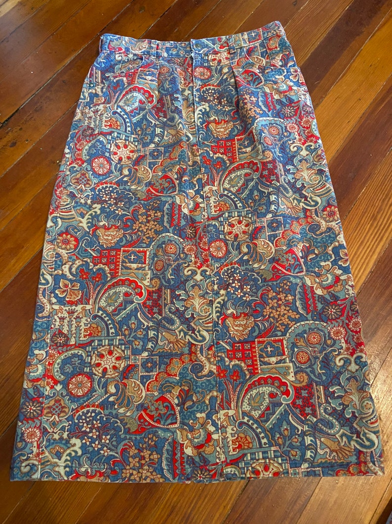 Vintage 90s Patterned Jeans Skirt Paisley Long Size 14 Willowbend Brand Colorful Made in USA