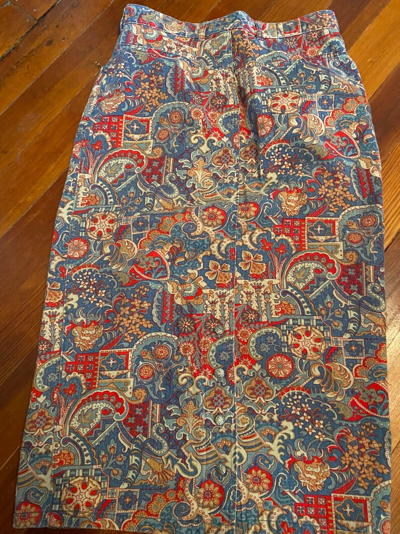 Vintage 90s Patterned Jeans Skirt Paisley Long Size 14 Willowbend Brand Colorful Made in USA