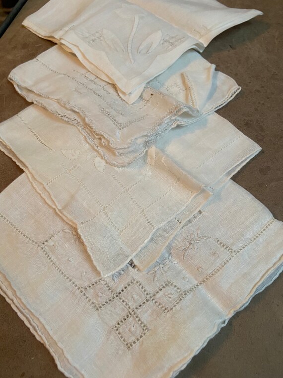 Set of 4 Ornate Vintage White Handkerchiefs 1950s