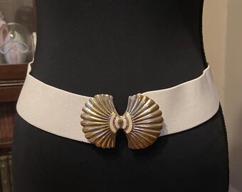 White & Gold Enamel Buckle Waist Statement Belt White Elastic Belt With Gold & Cream Enamel Swirl Buckle  main image 4