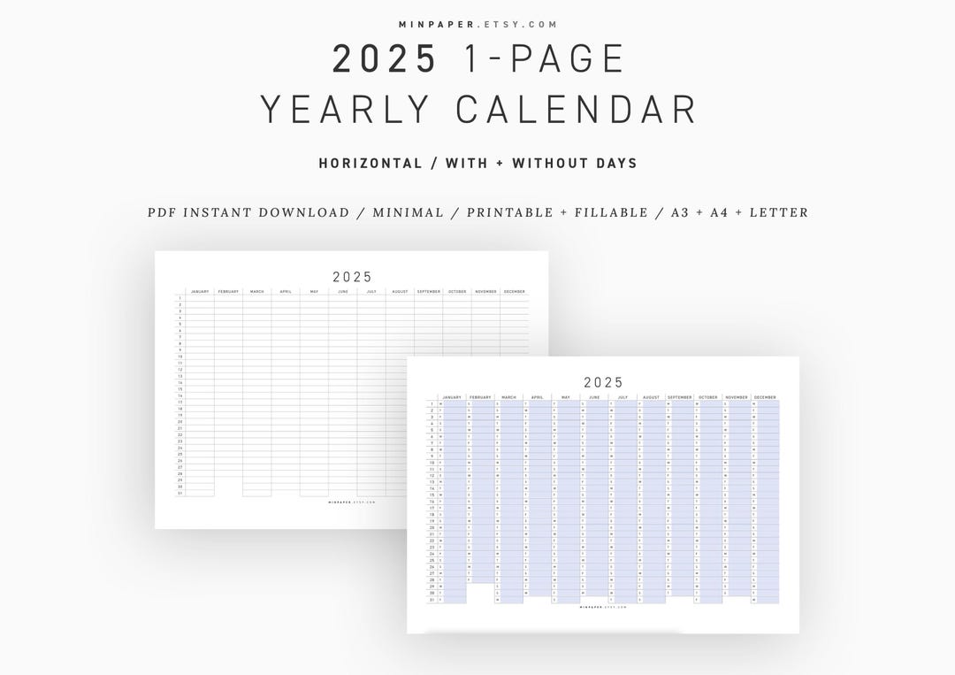 2025 1 Page Yearly Calendar / 2025 Overview / One Page / Year at a