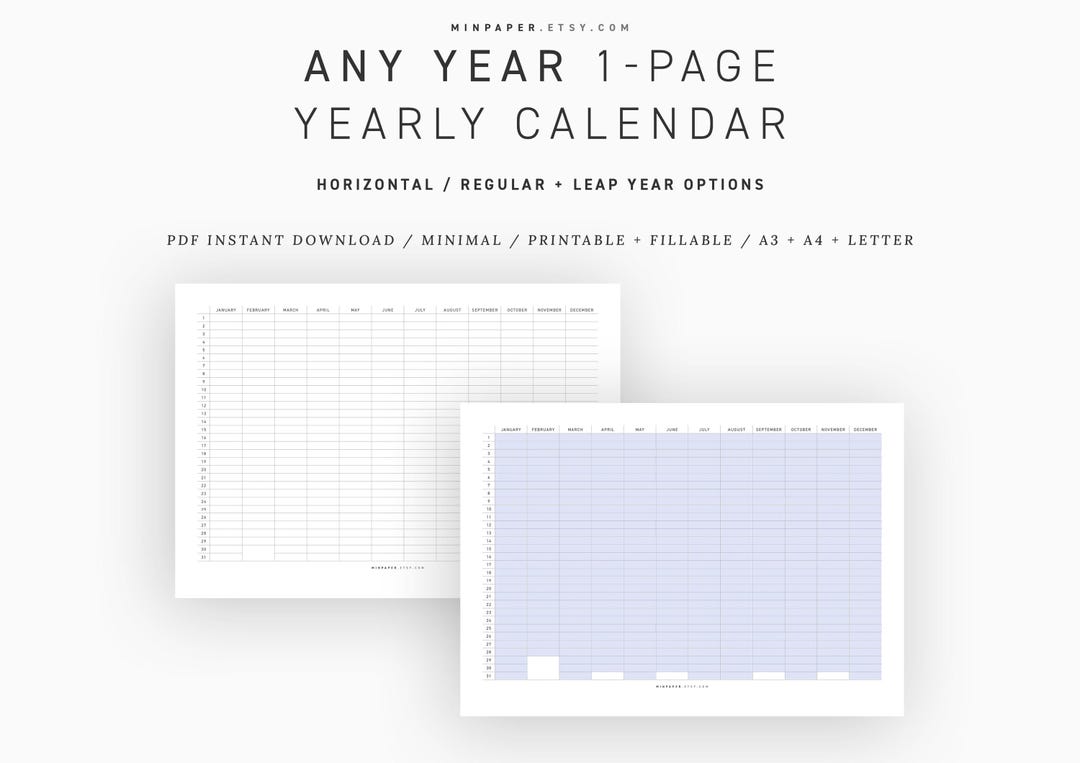 Any-year 1 Page Yearly Calendar / Year at a Glance / Calendar Template ...
