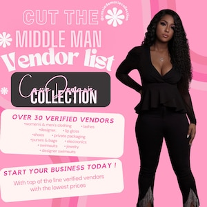 May include: Pink and black graphic with the text "CUT THE MIDDLE MAN Vendor list" and "Cassie Demarie COLLECTION". The graphic also includes the text "OVER 30 VERIFIED VENDORS" and a list of product categories, including women's and men's clothing, shoes, purses and bags, swimsuits, jewelry, and electronics. The graphic also includes the text "START YOUR BUSINESS TODAY!" and "With top of the line verified vendors with the lowest prices".