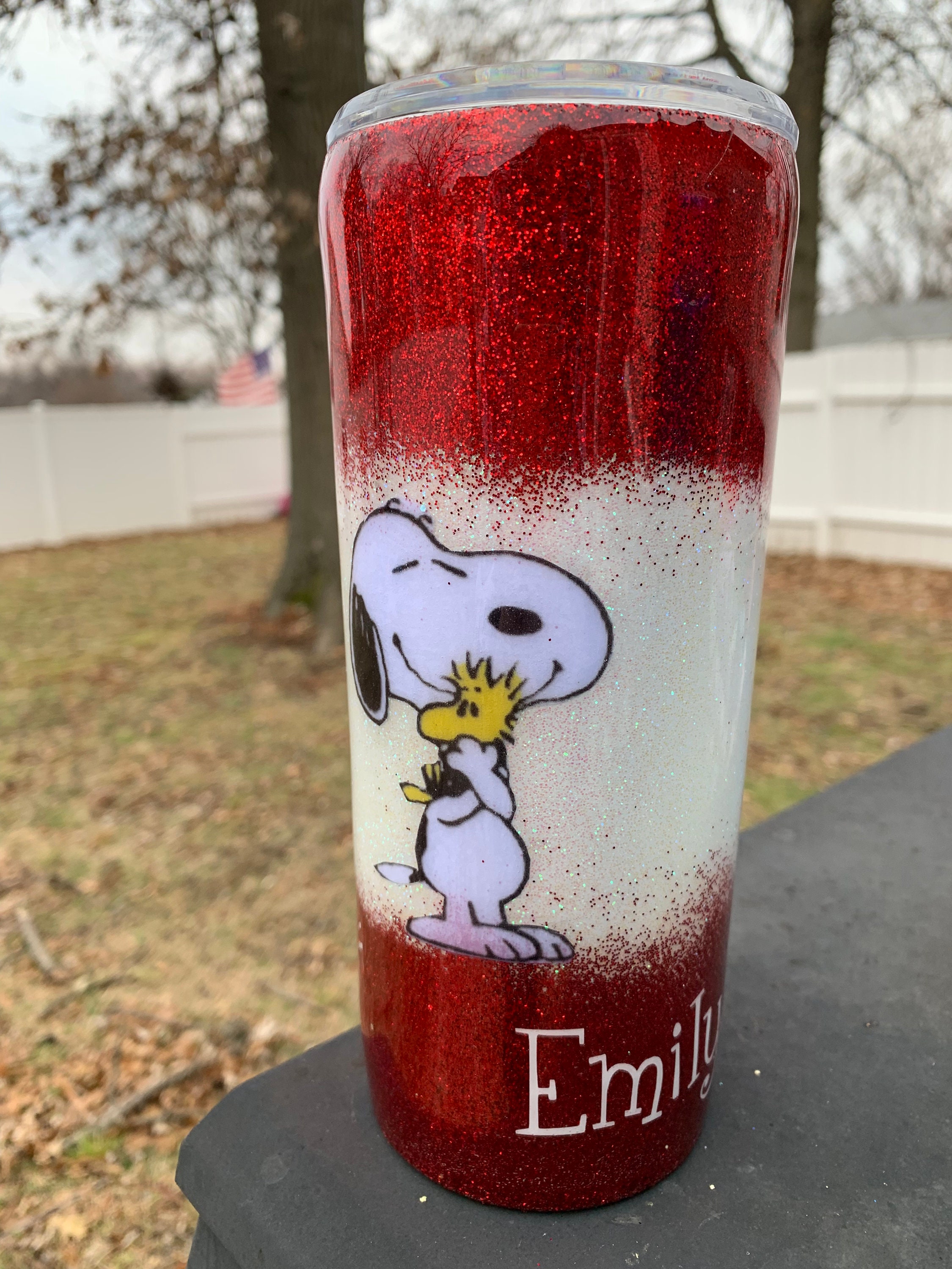 Snoopy and Woodstock Custom Glitter Insulated Tumbler