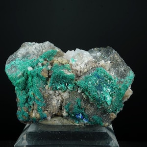 May include: A close-up of a mineral specimen featuring vibrant green, teal, and white crystalline formations. The mineral has a rough, textured surface with areas of gray and brown. The specimen is displayed on a clear, angled stand against a black background.