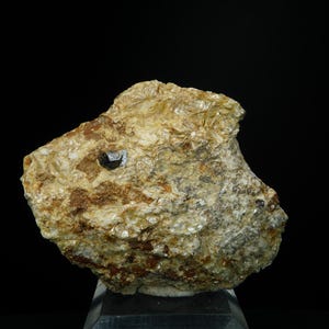 Puede incluir: Un pequeño cristal gris oscuro incrustado en una roca rugosa de color marrón claro. La roca tiene una superficie texturizada y parece estar hecha de varias capas.