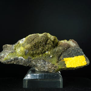 May include: A mineral specimen featuring a rock with a mix of colors, including gray, green, and yellow. The rock sits on a clear, rectangular stand against a black background. A bright yellow patch is visible.