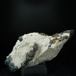 May include: A mineral specimen featuring a rough, off-white, crystalline matrix base. Embedded within the surface are clusters of dark, metallic, spherical crystals with subtle golden-brown highlights, creating a textured, natural geological formation.