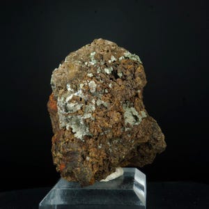 May include: A rugged rock formation with a dark brown base, featuring patches of light green and white mineral deposits. The rock is displayed on a clear, angled stand against a black backdrop.