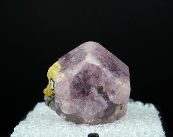 May include: A faceted, purple crystal with a hexagonal shape. The crystal has a lighter purple hue on its edges and is set against a black background. A small cluster of yellow and gray minerals is attached to the side of the crystal.