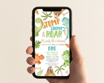 Stomp Chomp And Roar Birthday Evite, Dinosaur Birthday Invitation, Boy First Birthday, Text Invite, Editable Mobile Invite, Instant Download