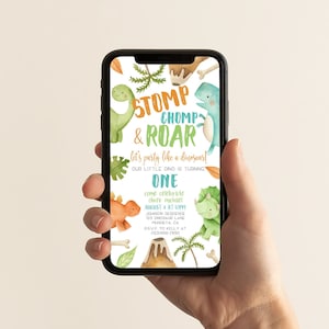 Stomp Chomp And Roar Birthday Evite, Dinosaur Birthday Invitation, Boy First Birthday, Text Invite, Editable Mobile Invite, Instant Download
