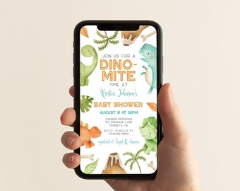 Dinosaur Baby Shower Evite, T-Rex Digital Invitation, Boy Baby Shower, Text SMS Invite, Editable Mobile Invite, Instant Download