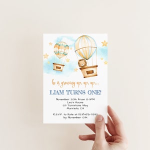 Invitación EDITABLE Lion Dreamland, Invitación de cumpleaños del León, Primer cumpleaños del niño, Globos aerostáticos, PDF editable, Descarga instantánea