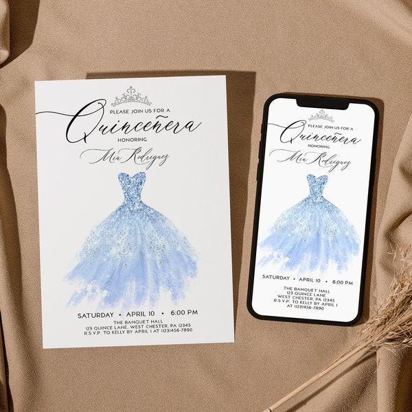 Light Blue Dress Quincenera Invitation, Silver Quince Evite, Blue Birthday, Sweet 16, Editable PDF, Instant Download