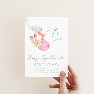 Sip And See Baby Bunny Invitation, Welcome Baby Invite, Girl Sip And See, Babygirl Welcome Shower, Simple, Editable PDF, Instant Download